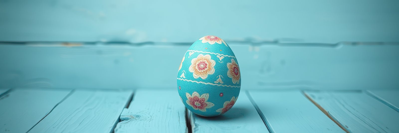 Beautifully decorated blue Easter egg rests on a rustic wooden table in a serene indoor setting